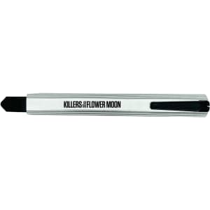 A slimline retractable box cutter in silver with a black blade and a clip. It features a logo on the side.