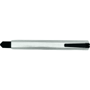 A silver slimline retractable box cutter with a black sliding mechanism and a keyring attachment.