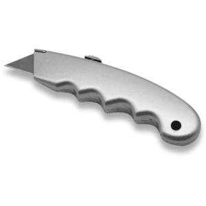 A silver utility knife with a textured handle and retractable blade, featuring a small hole for attachment.
