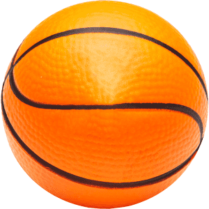 An orange squeeze basketball with black lines, designed as a stress ball. It has a textured surface.