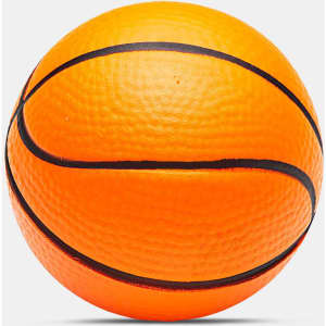An orange stress ball shaped like a basketball, featuring black lines and a textured surface.