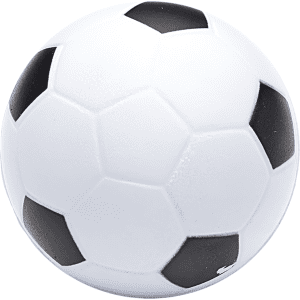 A white stress ball in the shape of a soccer ball, featuring black pentagon patches.