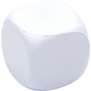 A white, squishy cube with rounded edges, featuring a logo. Ideal for stress relief and fun.