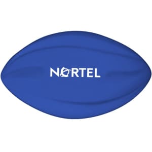 A blue football with a branded logo on its surface.