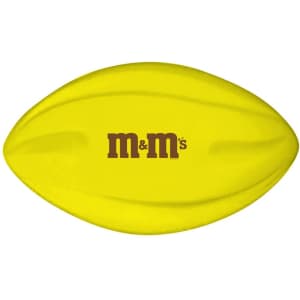 A yellow football with a textured surface and a logo on it.