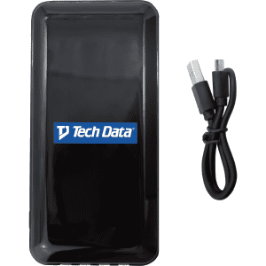 A black power bank (10,000 mAh) accompanied by a USB charging cable, featuring a logo.