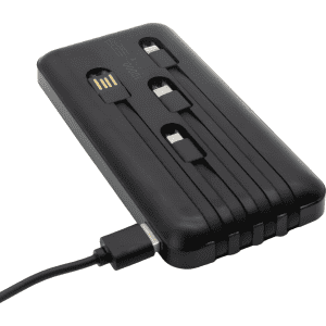 A black power bank with three ports and a USB charging cable. It has a logo on the surface.