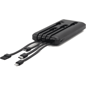 A black power bank with integrated charging cables, featuring USB and USB-C connectors. It has a sleek, compact design.
