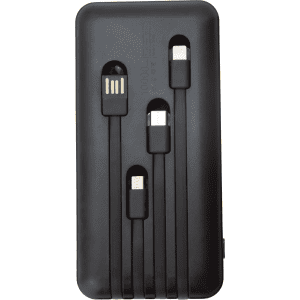 A black power bank with built-in cables for charging devices, featuring a logo on the surface.