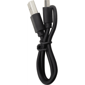 A black charging cable with USB and micro USB connectors. The cable is neatly tied for storage.