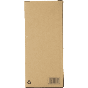 A plain brown cardboard box with no visible branding or text, featuring a recyclable symbol and a barcode.