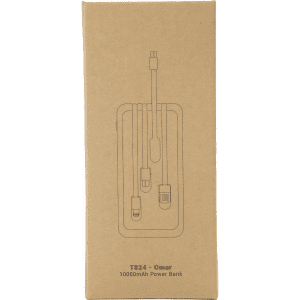 A brown cardboard packaging for the Omar Power Bank (10,000 mAh), featuring multiple charging cables.
