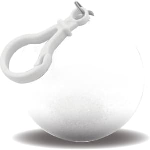 A white ball with a clip, designed to hold a rain poncho, featuring a smooth surface.