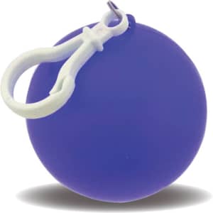 A purple rain poncho ball with a white clip for easy attachment.
