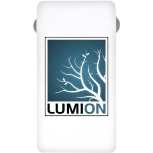 A white power bank with a tree branch design and a logo. Features a slim, rectangular shape.