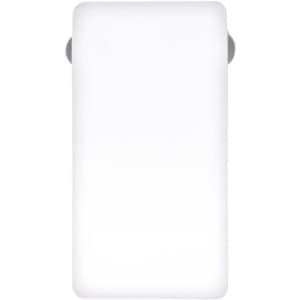 A white portable power bank with grey accents, featuring a logo. Suitable for charging electronic devices.