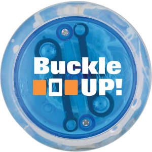 A blue LED light-up yo-yo with a clear casing, featuring a logo on the surface.