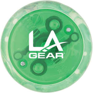 A green LED light-up yo-yo with a clear outer casing and a logo on the surface.