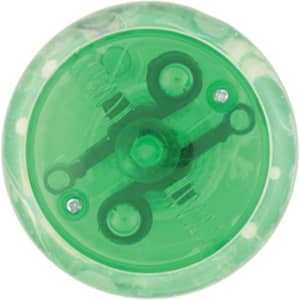 A green LED light-up yo-yo featuring a transparent marble design and a central axle for spinning.