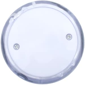 A clear LED light-up yo-yo with a smooth surface and visible internal mechanism. It features a small logo.
