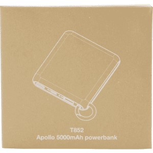 A brown cardboard box containing the Apollo Power Bank (5,000 mAh), featuring a minimalist design and logo.