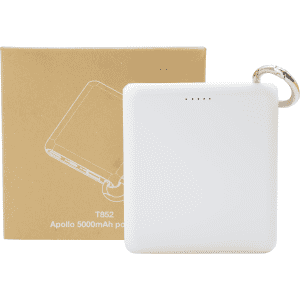A white Apollo Power Bank (5,000 mAh) with a silver keyring, next to its brown packaging box.