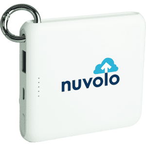 A white power bank with a ring attachment, featuring a logo on one side.