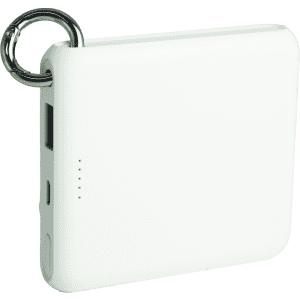 A white power bank with a ring attachment, featuring a USB port and indicator lights.