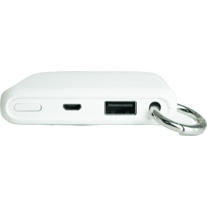 A white power bank with a USB port and a micro USB input, featuring a keychain attachment.