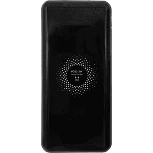 A black power bank with a textured design and a logo, featuring a 10,000 mAh capacity.
