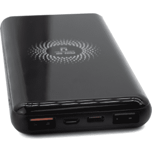 A black power bank with a glossy finish, featuring multiple charging ports and a logo on the surface.