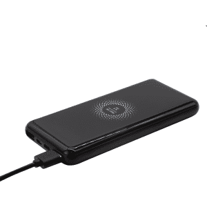 A black power bank with a textured surface and a connection cable, featuring a logo on the side.