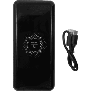 A black power bank with a glossy finish, accompanied by a charging cable. It has a logo in the centre.