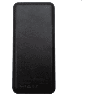 A black power bank with a sleek design, featuring a logo and specifications on the underside.