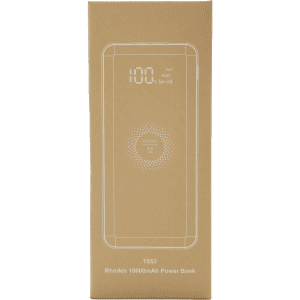A brown box containing the Rhodes Power Bank, featuring a graphic design and a logo, with a digital display.