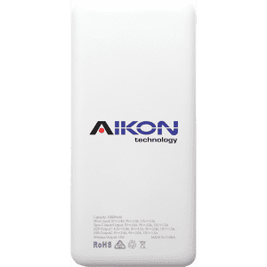 A white power bank with a capacity of 10,000 mAh, featuring a logo and multiple output ports.