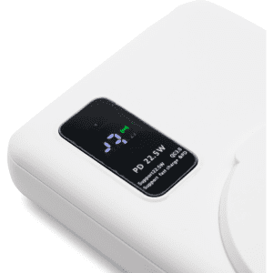 A white power bank with a digital display, showcasing its features and specifications.