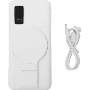 A white power bank with a circular stand and a USB charging cable. It also features a logo.