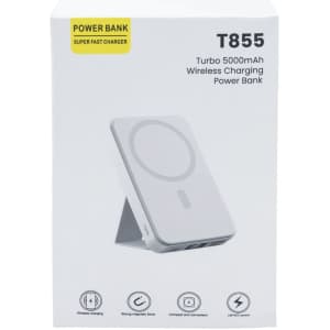 A white power bank featuring wireless charging capability and a strong magnetic foldable stand. It includes a logo.