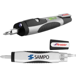 A flashlight tool kit featuring a silver and black design with a screwdriver, built-in level, and a small battery compartment.