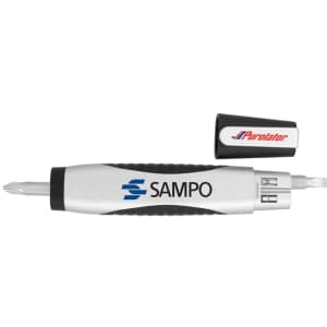 A flashlight tool kit with a level, featuring a silver and black screwdriver with a removable cap.