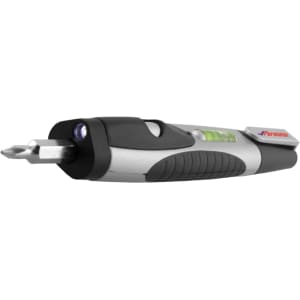 A flashlight tool kit in silver and black, featuring a level and a screwdriver tip. It includes a branding logo.