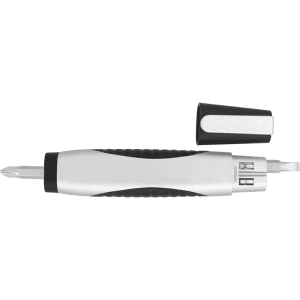 A silver and black flashlight tool kit with a level and removable cap, featuring a variety of tool attachments.