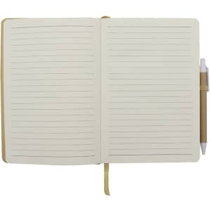 An A5 notebook with lined pages, a tan cover, and a matching pen. It has a ribbon bookmark and an elastic band.