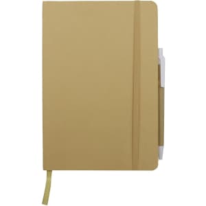 A brown A5 notebook with an elastic band and a pen attached, featuring a textured cover and a ribbon bookmark.