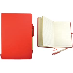 A red recycled notebook with a pen, featuring lined pages and a secure closure. Includes a brand logo on the cover.
