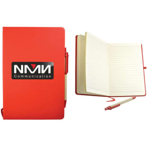 A red recycled notebook with an elastic closure, featuring a logo, and includes a pen beside it.