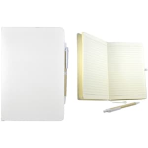 A white recycled notebook with lined pages and a matching pen, featuring a logo on the cover.