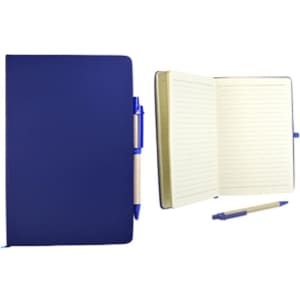 A navy blue recycled notebook with a textured cover, opened to reveal lined pages and a matching pen.