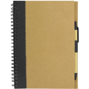 A brown recycled paper notebook with a black spiral binding and a pen holder on the side.